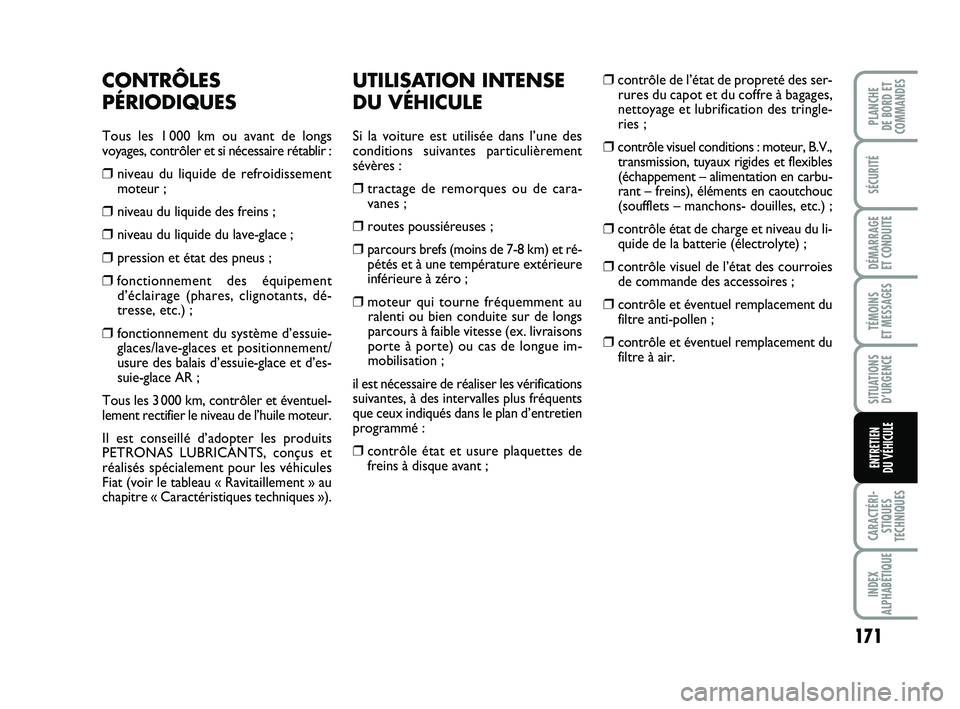 FIAT PUNTO 2016  Notice dentretien (in French) 171
SÉCURITÉ
DÉMARRAGE 
ET CONDUITE
TÉMOINS 
ET MESSAGES
SITUATIONS D’URGENCE
CARACTÉRI- STIQUES
TECHNIQUES
INDEX
ALPHABÉTIQUE
PLANCHE 
DE BORD ET
COMMANDES
ENTRETIEN 
DU VÉHICULE
UTILISATION