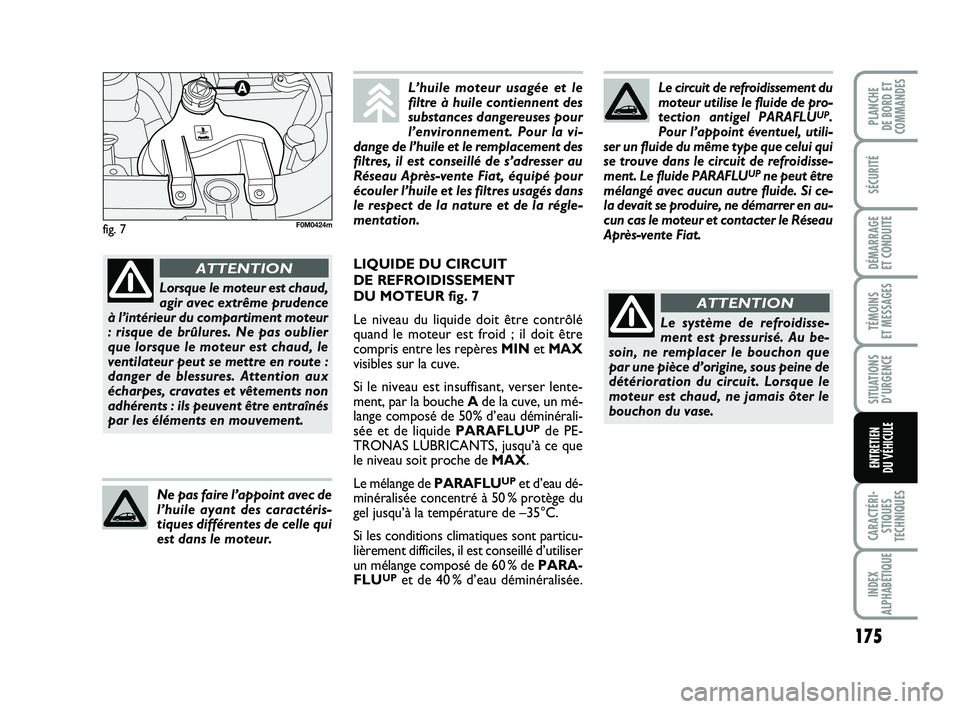 FIAT PUNTO 2018 Notice dentretien (in French) 175
SÉCURITÉ
DÉMARRAGE
ET CONDUITE
TÉMOINS
ET MESSAGES
SITUATIONS D’URGENCE
CARACTÉRI- STIQUES
TECHNIQUES
INDEX
ALPHABÉTIQUE
PLANCHE
DE BORD ET
COMMANDES
ENTRETIEN
DU VÉHICULE
fig. 7
Le c FIAT PUNTO 2018 Notice dentretien (in French) 175
SÉCURITÉ
DÉMARRAGE
ET CONDUITE
TÉMOINS
ET MESSAGES
SITUATIONS D’URGENCE
CARACTÉRI- STIQUES
TECHNIQUES
INDEX
ALPHABÉTIQUE
PLANCHE
DE BORD ET
COMMANDES
ENTRETIEN
DU VÉHICULE
fig. 7
Le c