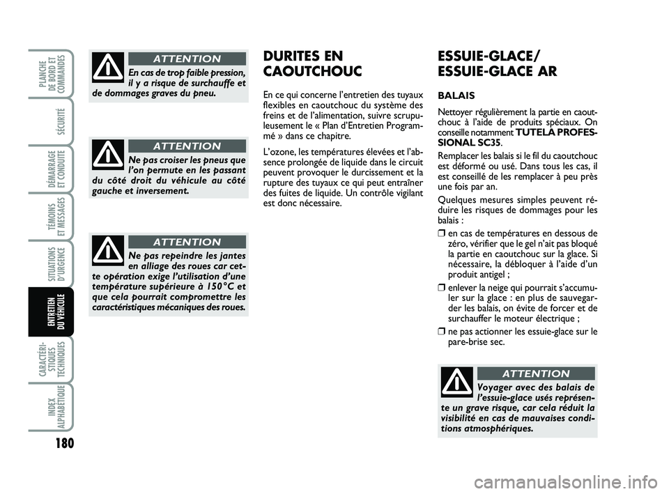 FIAT PUNTO 2018 Notice dentretien (in French) 180
SÉCURITÉ
DÉMARRAGE
ET CONDUITE
TÉMOINS
ET MESSAGES
SITUATIONS D’URGENCE
CARACTÉRI- STIQUES
TECHNIQUES
INDEX
ALPHABÉTIQUE
PLANCHE
DE BORD ET
COMMANDES
ENTRETIEN
DU VÉHICULE
ESSUIE-GLAC FIAT PUNTO 2018 Notice dentretien (in French) 180
SÉCURITÉ
DÉMARRAGE
ET CONDUITE
TÉMOINS
ET MESSAGES
SITUATIONS D’URGENCE
CARACTÉRI- STIQUES
TECHNIQUES
INDEX
ALPHABÉTIQUE
PLANCHE
DE BORD ET
COMMANDES
ENTRETIEN
DU VÉHICULE
ESSUIE-GLAC