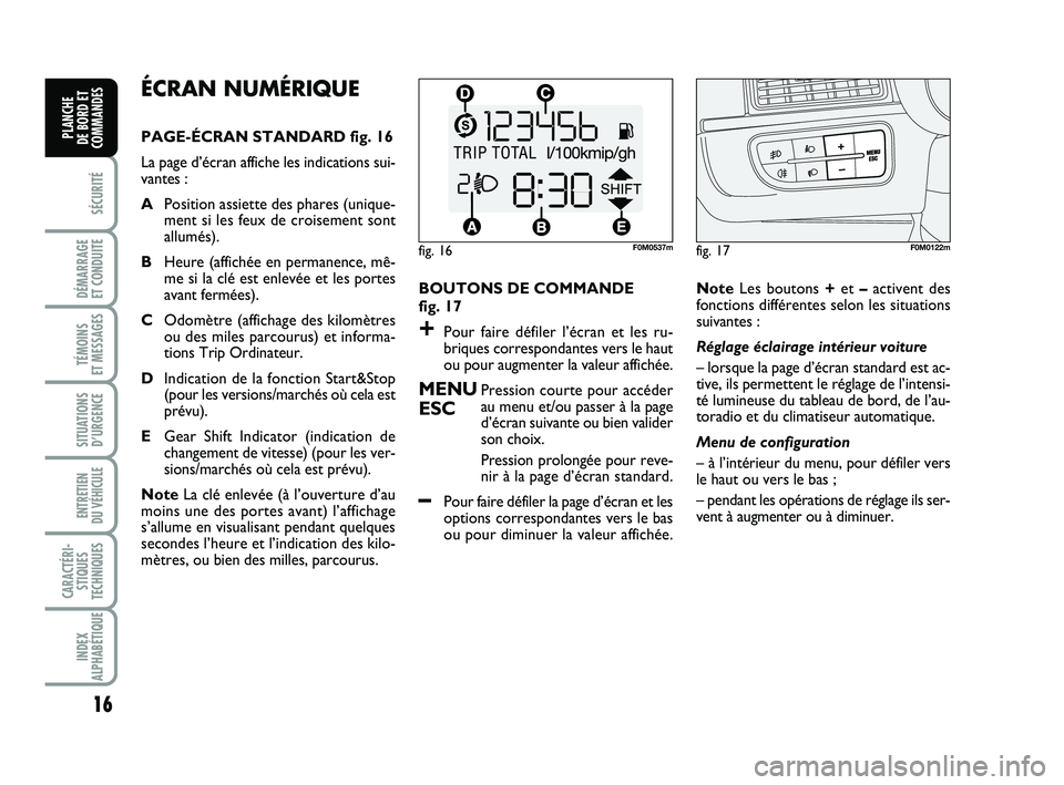 FIAT PUNTO 2015  Notice dentretien (in French) 16
SÉCURITÉ
DÉMARRAGE 
ET CONDUITE
TÉMOINS 
ET MESSAGES
SITUATIONS D’URGENCE
ENTRETIEN 
DU VÉHICULE 
CARACTÉRI- STIQUES
TECHNIQUES
INDEX
ALPHABÉTIQUE
PLANCHE 
DE BORD ET
COMMANDES
ÉCRAN NUM�