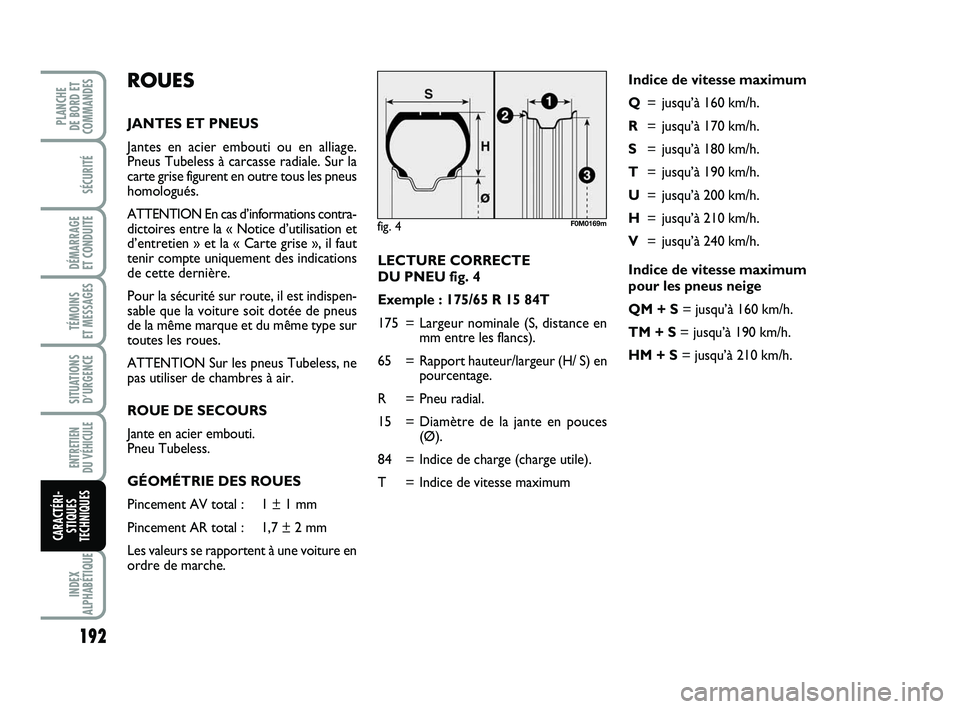FIAT PUNTO 2018 Notice dentretien (in French) 192
SÉCURITÉ
DÉMARRAGE
ET CONDUITE
TÉMOINS
ET MESSAGES
SITUATIONS D’URGENCE
ENTRETIEN
DU VÉHICULE
INDEX
ALPHABÉTIQUE
PLANCHE
DE BORD ET
COMMANDES
CARACTÉRI- STIQUES
TECHNIQUES
ROUES
JANT FIAT PUNTO 2018 Notice dentretien (in French) 192
SÉCURITÉ
DÉMARRAGE
ET CONDUITE
TÉMOINS
ET MESSAGES
SITUATIONS D’URGENCE
ENTRETIEN
DU VÉHICULE
INDEX
ALPHABÉTIQUE
PLANCHE
DE BORD ET
COMMANDES
CARACTÉRI- STIQUES
TECHNIQUES
ROUES
JANT