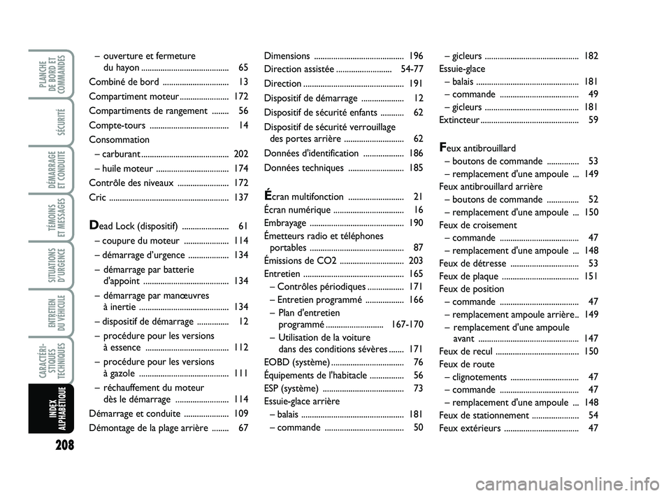 FIAT PUNTO 2020 Notice dentretien (in French) 208
SÉCURITÉ
DÉMARRAGE
ET CONDUITE
TÉMOINS
ET MESSAGES
SITUATIONS D’URGENCE
ENTRETIEN
DU VÉHICULE
CARACTÉRI- STIQUES
TECHNIQUES
PLANCHE
DE BORD ET
COMMANDES
INDEX
ALPHABÉTIQUE
Dimensions FIAT PUNTO 2020 Notice dentretien (in French) 208
SÉCURITÉ
DÉMARRAGE
ET CONDUITE
TÉMOINS
ET MESSAGES
SITUATIONS D’URGENCE
ENTRETIEN
DU VÉHICULE
CARACTÉRI- STIQUES
TECHNIQUES
PLANCHE
DE BORD ET
COMMANDES
INDEX
ALPHABÉTIQUE
Dimensions