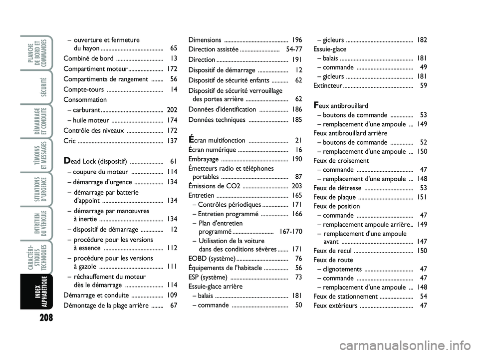 FIAT PUNTO 2016  Notice dentretien (in French) 208
SÉCURITÉ
DÉMARRAGE 
ET CONDUITE
TÉMOINS 
ET MESSAGES
SITUATIONS D’URGENCE
ENTRETIEN 
DU VÉHICULE 
CARACTÉRI- STIQUES
TECHNIQUES
PLANCHE 
DE BORD ET
COMMANDES
INDEX
ALPHABÉTIQUE
Dimensions