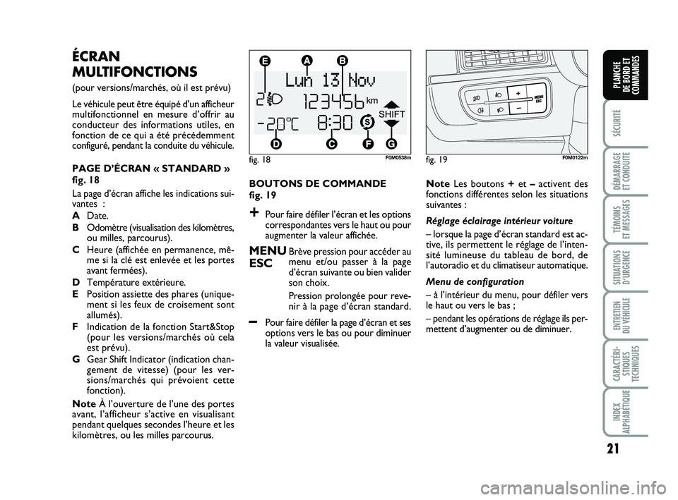 FIAT PUNTO 2015  Notice dentretien (in French) 21
SÉCURITÉ
DÉMARRAGE 
ET CONDUITE
TÉMOINS 
ET MESSAGES
SITUATIONS D’URGENCE
ENTRETIEN 
DU VÉHICULE
CARACTÉRI- STIQUES
TECHNIQUES
INDEX
ALPHABÉTIQUE
PLANCHE 
DE BORD ET
COMMANDES
BOUTONS DE C