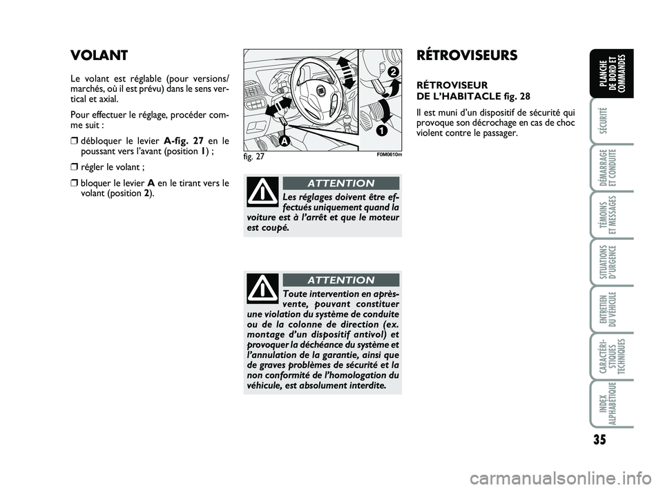 FIAT PUNTO 2016  Notice dentretien (in French) 35
SÉCURITÉ
DÉMARRAGE 
ET CONDUITE
TÉMOINS 
ET MESSAGES
SITUATIONS D’URGENCE
ENTRETIEN 
DU VÉHICULE
CARACTÉRI- STIQUES
TECHNIQUES
INDEX
ALPHABÉTIQUE
PLANCHE 
DE BORD ET
COMMANDES
RÉTROVISEUR