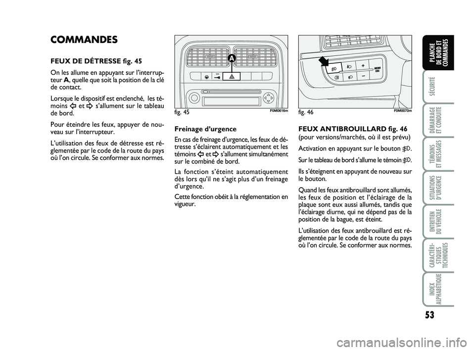 FIAT PUNTO 2017 Notice dentretien (in French) 53
SÉCURITÉ
DÉMARRAGE
ET CONDUITE
TÉMOINS
ET MESSAGES
SITUATIONS D’URGENCE
ENTRETIEN
DU VÉHICULE
CARACTÉRI- STIQUES
TECHNIQUES
INDEX
ALPHABÉTIQUE
PLANCHE
DE BORD ET
COMMANDES
COMMANDES
FE FIAT PUNTO 2017 Notice dentretien (in French) 53
SÉCURITÉ
DÉMARRAGE
ET CONDUITE
TÉMOINS
ET MESSAGES
SITUATIONS D’URGENCE
ENTRETIEN
DU VÉHICULE
CARACTÉRI- STIQUES
TECHNIQUES
INDEX
ALPHABÉTIQUE
PLANCHE
DE BORD ET
COMMANDES
COMMANDES
FE