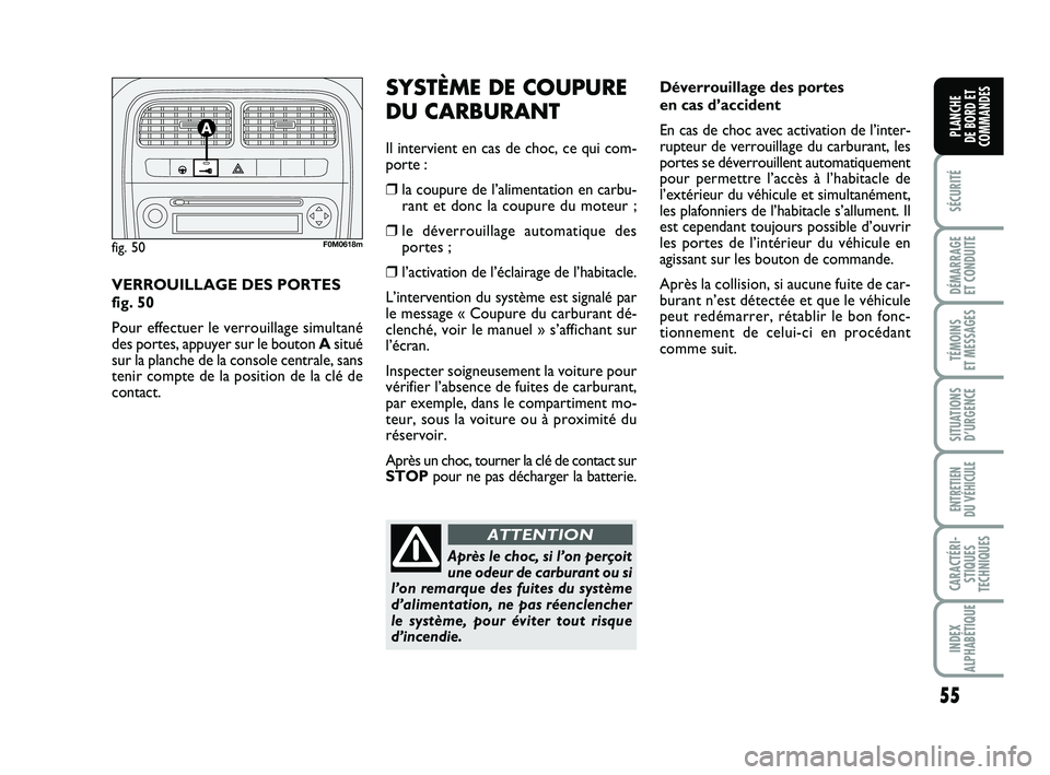 FIAT PUNTO 2016  Notice dentretien (in French) 55
SÉCURITÉ
DÉMARRAGE 
ET CONDUITE
TÉMOINS 
ET MESSAGES
SITUATIONS D’URGENCE
ENTRETIEN 
DU VÉHICULE
CARACTÉRI- STIQUES
TECHNIQUES
INDEX
ALPHABÉTIQUE
PLANCHE 
DE BORD ET
COMMANDES
Déverrouill