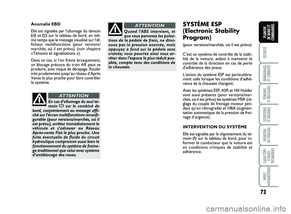 FIAT PUNTO 2017 Notice dentretien (in French) 73
SÉCURITÉ
DÉMARRAGE
ET CONDUITE
TÉMOINS
ET MESSAGES
SITUATIONS D’URGENCE
ENTRETIEN
DU VÉHICULE
CARACTÉRI- STIQUES
TECHNIQUES
INDEX
ALPHABÉTIQUE
PLANCHE
DE BORD ET
COMMANDES
SYSTÈME ESP FIAT PUNTO 2017 Notice dentretien (in French) 73
SÉCURITÉ
DÉMARRAGE
ET CONDUITE
TÉMOINS
ET MESSAGES
SITUATIONS D’URGENCE
ENTRETIEN
DU VÉHICULE
CARACTÉRI- STIQUES
TECHNIQUES
INDEX
ALPHABÉTIQUE
PLANCHE
DE BORD ET
COMMANDES
SYSTÈME ESP