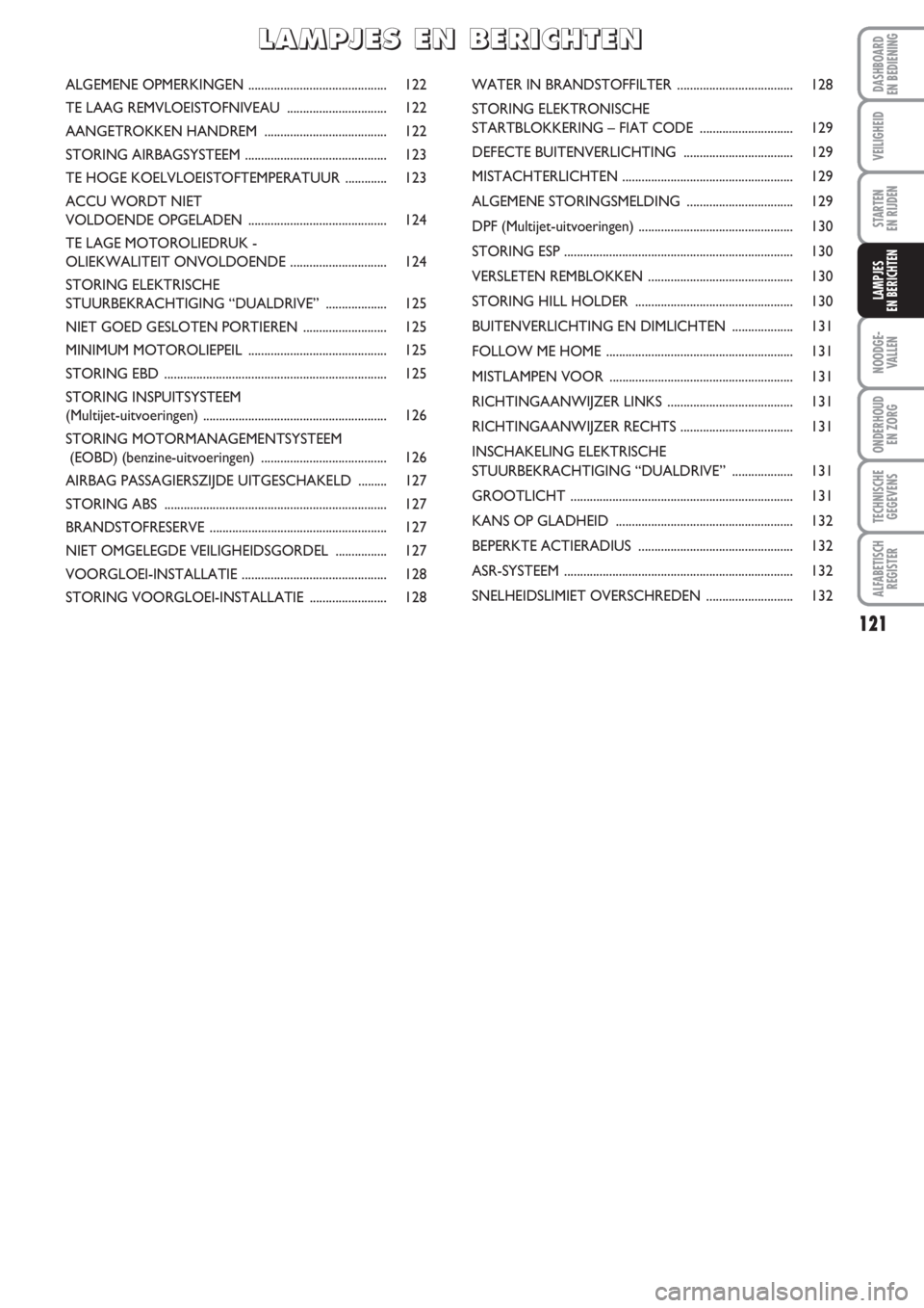 FIAT PUNTO 2012 Instructieboek (in Dutch) 121
VEILIGHEID
STARTEN
EN RIJDEN
NOODGE -
VALLEN
ONDERHOUD
EN ZORG
TECHNISCHE
GEGEVENS
ALFABETISCH
REGISTER
DASHBOARD
EN BEDIENING
LAMPJES
EN BERICHTEN
ALGEMENE OPMERKINGEN .......................... FIAT PUNTO 2012 Instructieboek (in Dutch) 121
VEILIGHEID
STARTEN
EN RIJDEN
NOODGE -
VALLEN
ONDERHOUD
EN ZORG
TECHNISCHE
GEGEVENS
ALFABETISCH
REGISTER
DASHBOARD
EN BEDIENING
LAMPJES
EN BERICHTEN
ALGEMENE OPMERKINGEN ..........................