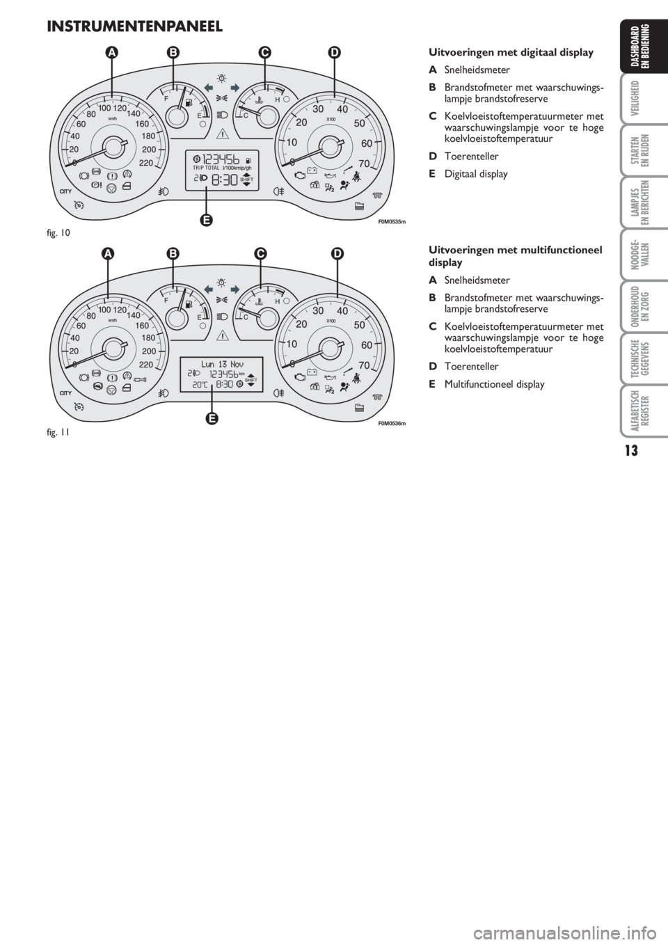 FIAT PUNTO 2011 Instructieboek (in Dutch) 13
VEILIGHEID
STARTEN
EN RIJDEN
LAMPJES
EN BERICHTEN
NOODGE -
VALLEN
ONDERHOUD
EN ZORG
TECHNISCHE
GEGEVENS
ALFABETISCH
REGISTER
DASHBOARD
EN BEDIENING
INSTRUMENTENPANEEL
Uitvoeringen met digitaal dis FIAT PUNTO 2011 Instructieboek (in Dutch) 13
VEILIGHEID
STARTEN
EN RIJDEN
LAMPJES
EN BERICHTEN
NOODGE -
VALLEN
ONDERHOUD
EN ZORG
TECHNISCHE
GEGEVENS
ALFABETISCH
REGISTER
DASHBOARD
EN BEDIENING
INSTRUMENTENPANEEL
Uitvoeringen met digitaal dis