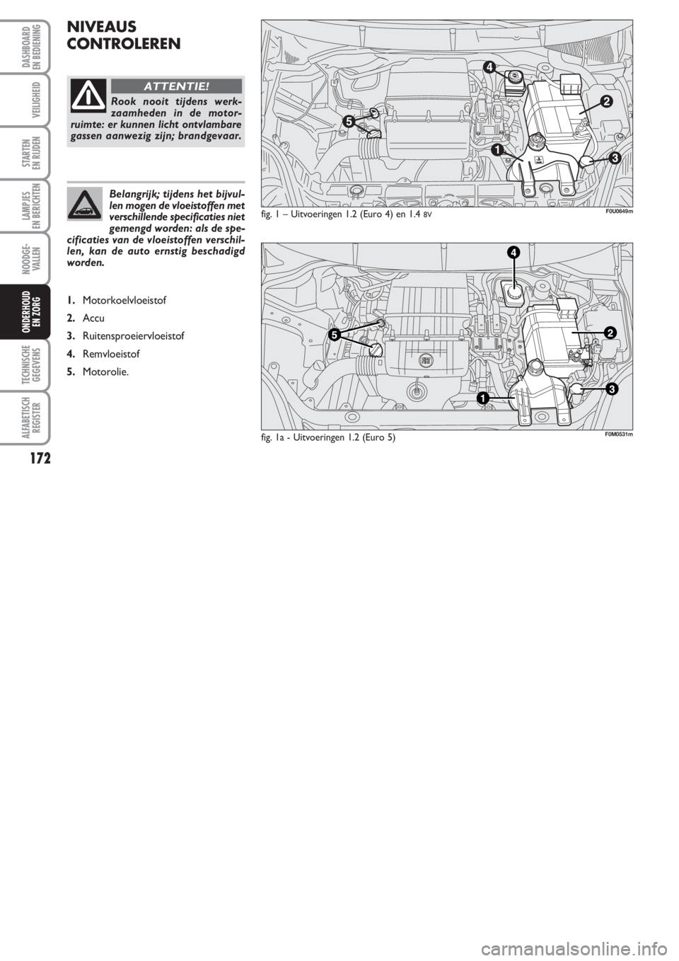FIAT PUNTO 2011  Instructieboek (in Dutch) 172
VEILIGHEID
STARTEN 
EN RIJDEN
LAMPJES
EN BERICHTEN
NOODGE -
VALLEN
TECHNISCHE
GEGEVENS
ALFABETISCH
REGISTER
DASHBOARD
EN BEDIENING
ONDERHOUD
EN ZORG
NIVEAUS
CONTROLEREN
fig. 1 – Uitvoeringen 1.2