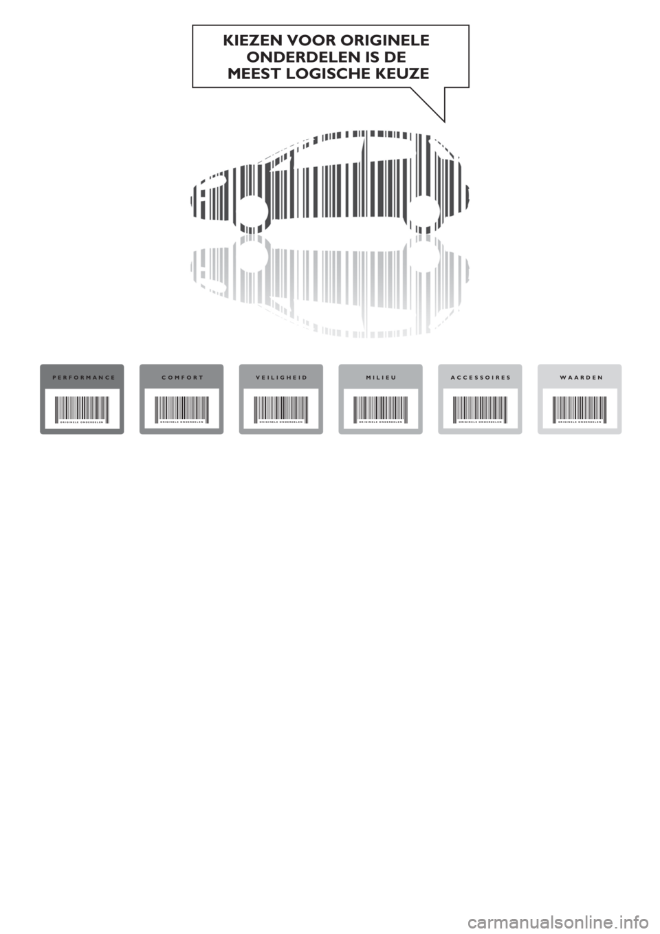 FIAT PUNTO 2013  Instructieboek (in Dutch) KIEZEN VOOR ORIGINELE 
ONDERDELEN IS DE 
MEEST LOGISCHE KEUZE
PERFORMANCECOMFORT VEILIGHEID MILIEU WAARDENACCESSOIRES
ORIGINELE ONDERDELENORIGINELE ONDERDELEN
ORIGINELE ONDERDELEN ORIGINELE ONDERDELEN