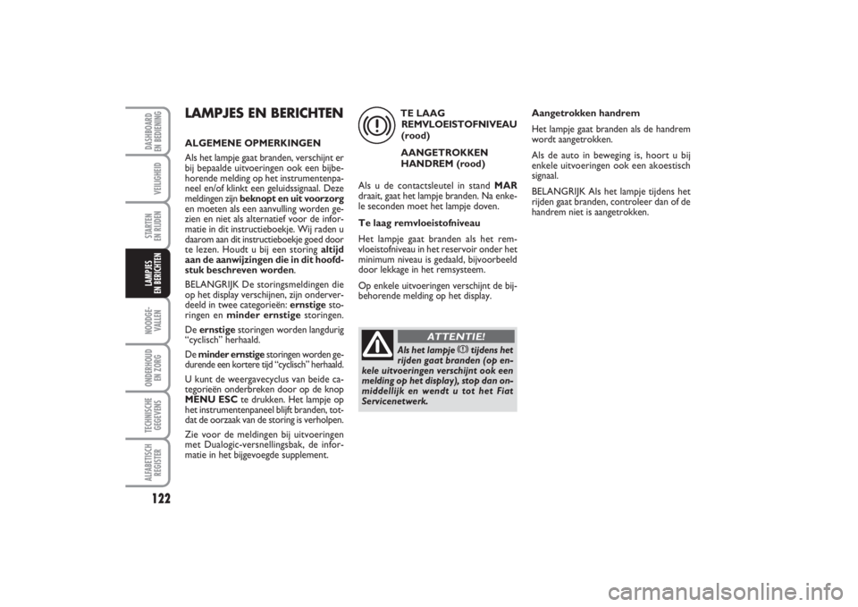 FIAT PUNTO 2014 Instructieboek (in Dutch) 122VEILIGHEIDSTARTEN
EN RIJDENNOODGE -
VALLENONDERHOUD
EN ZORGTECHNISCHE
GEGEVENSALFABETISCH
REGISTERDASHBOARD
EN BEDIENINGLAMPJES
EN BERICHTEN
LAMPJES EN BERICHTENALGEMENE OPMERKINGEN
Als het lam FIAT PUNTO 2014 Instructieboek (in Dutch) 122VEILIGHEIDSTARTEN
EN RIJDENNOODGE -
VALLENONDERHOUD
EN ZORGTECHNISCHE
GEGEVENSALFABETISCH
REGISTERDASHBOARD
EN BEDIENINGLAMPJES
EN BERICHTEN
LAMPJES EN BERICHTENALGEMENE OPMERKINGEN
Als het lam