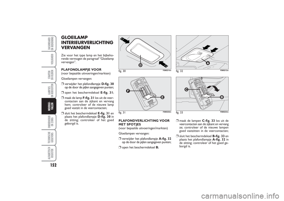 FIAT PUNTO 2014 Instructieboek (in Dutch) 152VEILIGHEIDSTARTEN
EN RIJDENLAMPJES
EN BERICHTENONDERHOUD
EN ZORGTECHNISCHE
GEGEVENSALFABETISCH
REGISTERDASHBOARD
EN BEDIENINGNOODGE-
VALLEN
GLOEILAMP
INTERIEURVERLICHTING
VERVANGENZie voor het FIAT PUNTO 2014 Instructieboek (in Dutch) 152VEILIGHEIDSTARTEN
EN RIJDENLAMPJES
EN BERICHTENONDERHOUD
EN ZORGTECHNISCHE
GEGEVENSALFABETISCH
REGISTERDASHBOARD
EN BEDIENINGNOODGE-
VALLEN
GLOEILAMP
INTERIEURVERLICHTING
VERVANGENZie voor het