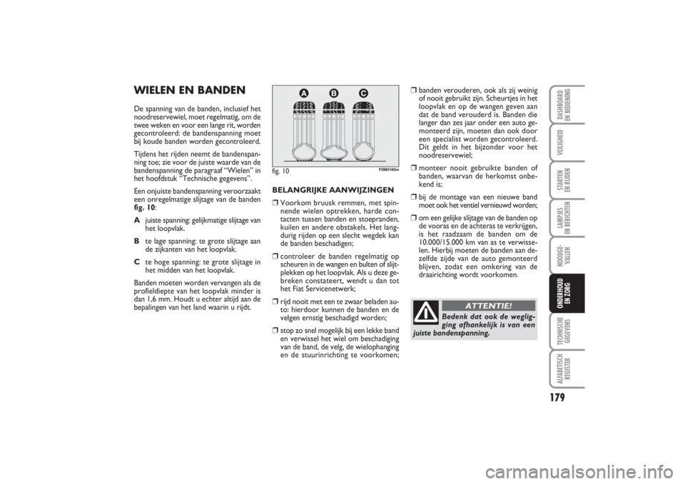 FIAT PUNTO 2014 Instructieboek (in Dutch) 179
VEILIGHEIDSTARTEN
EN RIJDENLAMPJES
EN BERICHTENNOODGE -
VALLENTECHNISCHE
GEGEVENSALFABETISCH
REGISTERDASHBOARD
EN BEDIENINGONDERHOUD
EN ZORG
WIELEN EN BANDENDe spanning van de banden, inclusie FIAT PUNTO 2014 Instructieboek (in Dutch) 179
VEILIGHEIDSTARTEN
EN RIJDENLAMPJES
EN BERICHTENNOODGE -
VALLENTECHNISCHE
GEGEVENSALFABETISCH
REGISTERDASHBOARD
EN BEDIENINGONDERHOUD
EN ZORG
WIELEN EN BANDENDe spanning van de banden, inclusie