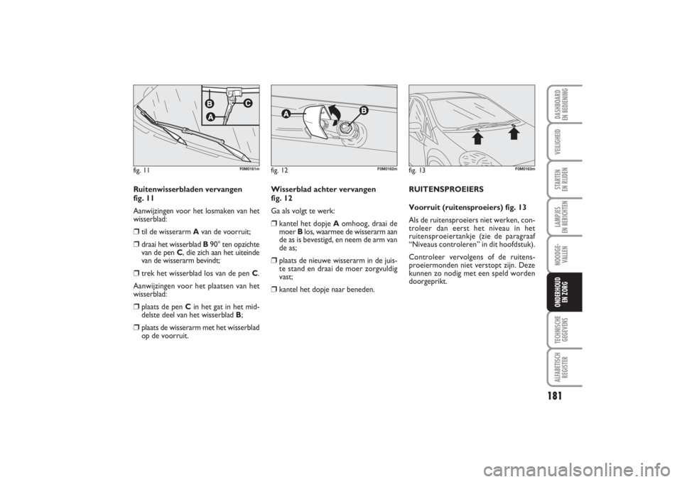 FIAT PUNTO 2014 Instructieboek (in Dutch) 181
VEILIGHEIDSTARTEN
EN RIJDENLAMPJES
EN BERICHTENNOODGE -
VALLENTECHNISCHE
GEGEVENSALFABETISCH
REGISTERDASHBOARD
EN BEDIENINGONDERHOUD
EN ZORG
Ruitenwisserbladen vervangen
fig. 11
Aanwijzingen FIAT PUNTO 2014 Instructieboek (in Dutch) 181
VEILIGHEIDSTARTEN
EN RIJDENLAMPJES
EN BERICHTENNOODGE -
VALLENTECHNISCHE
GEGEVENSALFABETISCH
REGISTERDASHBOARD
EN BEDIENINGONDERHOUD
EN ZORG
Ruitenwisserbladen vervangen
fig. 11
Aanwijzingen