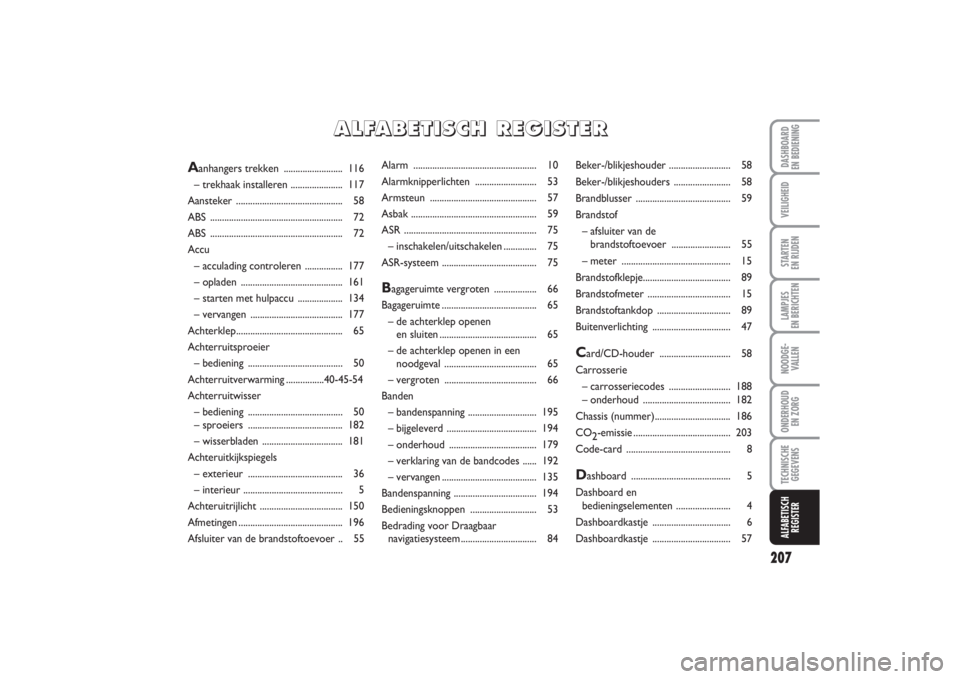 FIAT PUNTO 2014  Instructieboek (in Dutch) 207
VEILIGHEIDSTARTEN 
EN RIJDENLAMPJES 
EN BERICHTENNOODGE -
VALLENONDERHOUD 
EN ZORGTECHNISCHE
GEGEVENSALFABETISCH
REGISTERDASHBOARD 
EN BEDIENING
Alarm .............................................