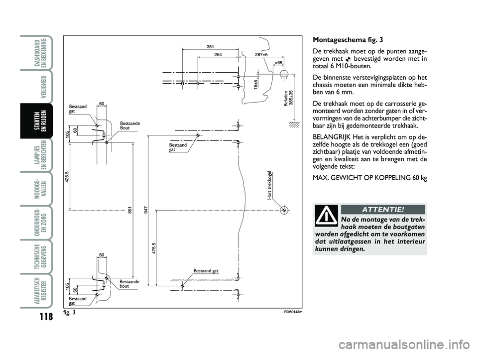 FIAT PUNTO 2020 Instructieboek (in Dutch) 118
VEILIGHEID
LAMPJES
EN BERICHTEN
NOODGE - VALLEN
ONDERHOUD EN ZORG
TECHNISCHEGEGEVENS
ALFABETISCH REGISTER
DASHBOARD
EN BEDIENING
STARTEN
EN RIJDEN
Montageschema fig. 3
De trekhaak moet op de p FIAT PUNTO 2020 Instructieboek (in Dutch) 118
VEILIGHEID
LAMPJES
EN BERICHTEN
NOODGE - VALLEN
ONDERHOUD EN ZORG
TECHNISCHEGEGEVENS
ALFABETISCH REGISTER
DASHBOARD
EN BEDIENING
STARTEN
EN RIJDEN
Montageschema fig. 3
De trekhaak moet op de p