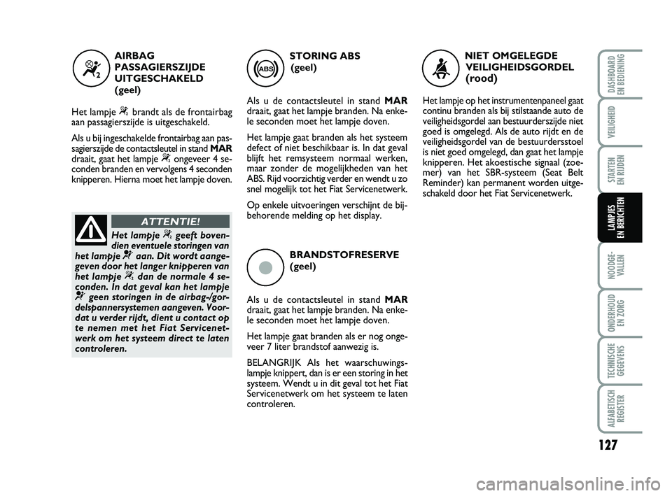 FIAT PUNTO 2020 Instructieboek (in Dutch) 127
VEILIGHEID
STARTEN
EN RIJDEN
NOODGE - VALLEN
ONDERHOUD EN ZORG
TECHNISCHEGEGEVENS
ALFABETISCH REGISTER
DASHBOARD
EN BEDIENING
LAMPJES
EN BERICHTEN
ç
BRANDSTOFRESERVE
(geel)
Als u de contactsl FIAT PUNTO 2020 Instructieboek (in Dutch) 127
VEILIGHEID
STARTEN
EN RIJDEN
NOODGE - VALLEN
ONDERHOUD EN ZORG
TECHNISCHEGEGEVENS
ALFABETISCH REGISTER
DASHBOARD
EN BEDIENING
LAMPJES
EN BERICHTEN
ç
BRANDSTOFRESERVE
(geel)
Als u de contactsl