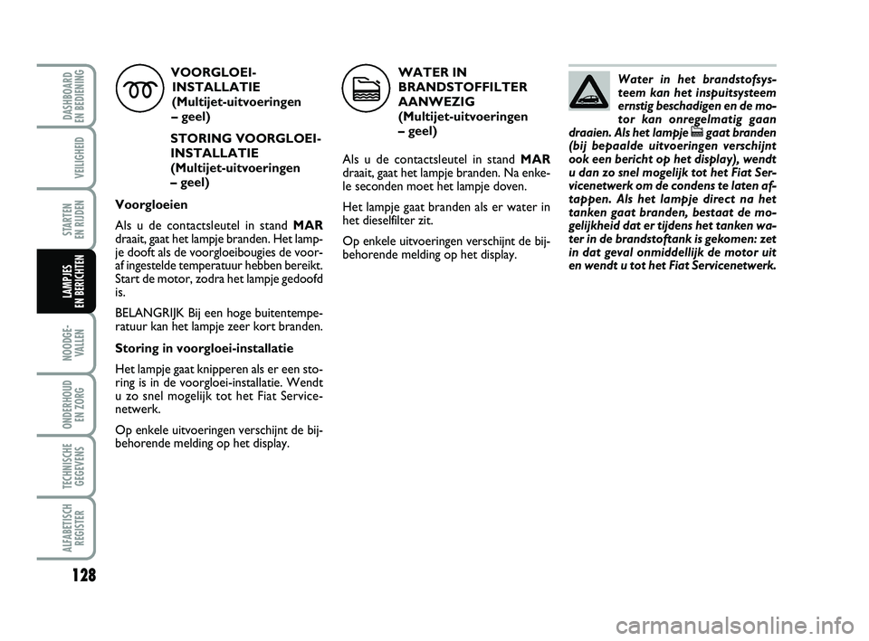 FIAT PUNTO 2020 Instructieboek (in Dutch) 128
VEILIGHEID
STARTEN
EN RIJDEN
NOODGE - VALLEN
ONDERHOUD EN ZORG
TECHNISCHEGEGEVENS
ALFABETISCH REGISTER
DASHBOARD
EN BEDIENING
LAMPJES
EN BERICHTEN
VOORGLOEI-
INSTALLATIE
(Multijet-uitvoeringe FIAT PUNTO 2020 Instructieboek (in Dutch) 128
VEILIGHEID
STARTEN
EN RIJDEN
NOODGE - VALLEN
ONDERHOUD EN ZORG
TECHNISCHEGEGEVENS
ALFABETISCH REGISTER
DASHBOARD
EN BEDIENING
LAMPJES
EN BERICHTEN
VOORGLOEI-
INSTALLATIE
(Multijet-uitvoeringe