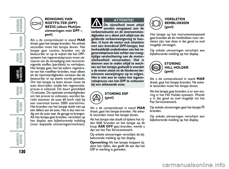 FIAT PUNTO 2020 Instructieboek (in Dutch) 130
VEILIGHEID
STARTEN
EN RIJDEN
NOODGE - VALLEN
ONDERHOUD EN ZORG
TECHNISCHEGEGEVENS
ALFABETISCH REGISTER
DASHBOARD
EN BEDIENING
LAMPJES
EN BERICHTEN
STORING ESP
(geel)
Als u de contactsleutel i FIAT PUNTO 2020 Instructieboek (in Dutch) 130
VEILIGHEID
STARTEN
EN RIJDEN
NOODGE - VALLEN
ONDERHOUD EN ZORG
TECHNISCHEGEGEVENS
ALFABETISCH REGISTER
DASHBOARD
EN BEDIENING
LAMPJES
EN BERICHTEN
STORING ESP
(geel)
Als u de contactsleutel i