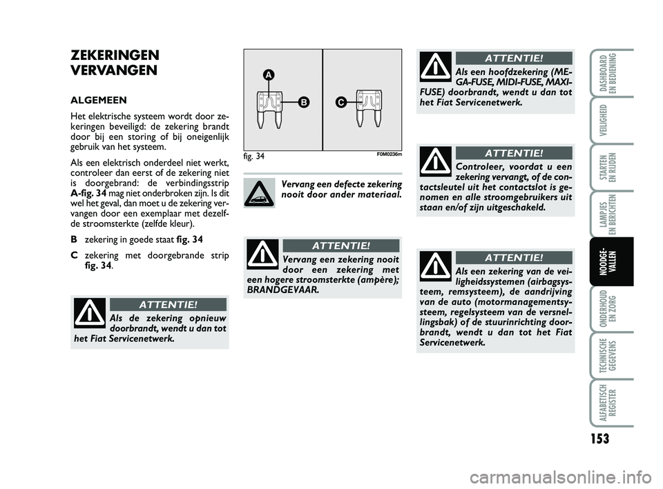 FIAT PUNTO 2020  Instructieboek (in Dutch) 153
VEILIGHEID
STARTEN 
EN RIJDEN
LAMPJES 
EN BERICHTEN
ONDERHOUD  EN ZORG
TECHNISCHEGEGEVENS
ALFABETISCH REGISTER
DASHBOARD 
EN BEDIENING
NOODGE-  VALLEN
ZEKERINGEN
VERVANGEN
ALGEMEEN
Het elektrische
