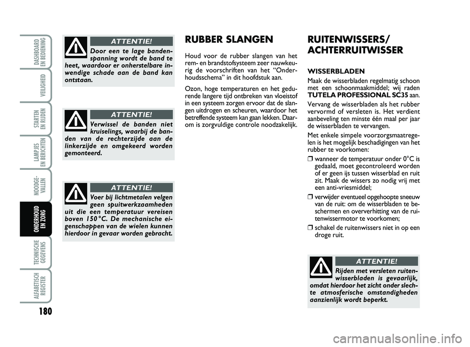 FIAT PUNTO 2020  Instructieboek (in Dutch) 180
VEILIGHEID
STARTEN 
EN RIJDEN
LAMPJES 
EN BERICHTEN
NOODGE - VALLEN
TECHNISCHEGEGEVENS
ALFABETISCH REGISTER
DASHBOARD 
EN BEDIENING
ONDERHOUD  EN ZORG
RUITENWISSERS/
ACHTERRUITWISSER
WISSERBLADEN
