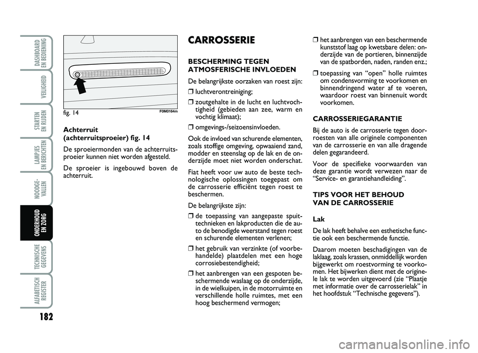 FIAT PUNTO 2021 Instructieboek (in Dutch) 182
VEILIGHEID
STARTEN
EN RIJDEN
LAMPJES
EN BERICHTEN
NOODGE - VALLEN
TECHNISCHEGEGEVENS
ALFABETISCH REGISTER
DASHBOARD
EN BEDIENING
ONDERHOUD EN ZORG
❒het aanbrengen van een beschermendekunstst FIAT PUNTO 2021 Instructieboek (in Dutch) 182
VEILIGHEID
STARTEN
EN RIJDEN
LAMPJES
EN BERICHTEN
NOODGE - VALLEN
TECHNISCHEGEGEVENS
ALFABETISCH REGISTER
DASHBOARD
EN BEDIENING
ONDERHOUD EN ZORG
❒het aanbrengen van een beschermendekunstst