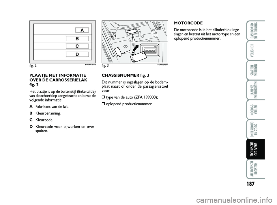 FIAT PUNTO 2020 Instructieboek (in Dutch) 187
VEILIGHEID
STARTEN
EN RIJDEN
LAMPJES
EN BERICHTEN
NOODGE - VALLEN
ONDERHOUD EN ZORG
ALFABETISCHREGISTER
DASHBOARD
EN BEDIENING
TECHNISCHE GEGEVENS
CHASSISNUMMER fig. 3
Dit nummer is ingeslagen FIAT PUNTO 2020 Instructieboek (in Dutch) 187
VEILIGHEID
STARTEN
EN RIJDEN
LAMPJES
EN BERICHTEN
NOODGE - VALLEN
ONDERHOUD EN ZORG
ALFABETISCHREGISTER
DASHBOARD
EN BEDIENING
TECHNISCHE GEGEVENS
CHASSISNUMMER fig. 3
Dit nummer is ingeslagen