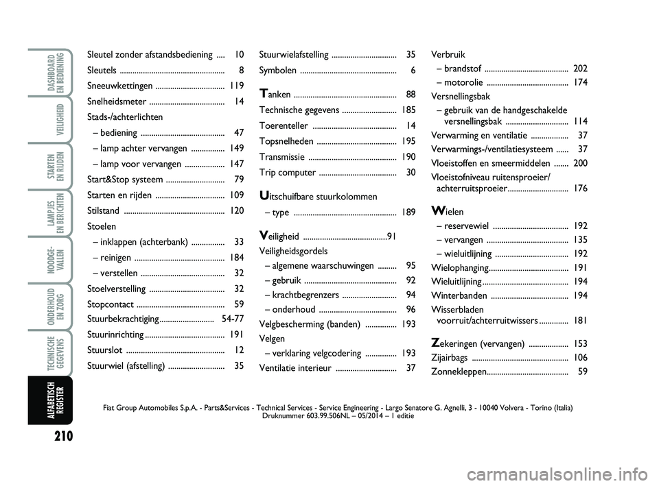 FIAT PUNTO 2015  Instructieboek (in Dutch) 210
VEILIGHEID
STARTEN 
EN RIJDEN
LAMPJES 
EN BERICHTEN
NOODGE - VALLEN
ONDERHOUD  EN ZORG
TECHNISCHEGEGEVENS
ALFABETISCH REGISTER
DASHBOARD 
EN BEDIENING
Stuurwielafstelling  ........................