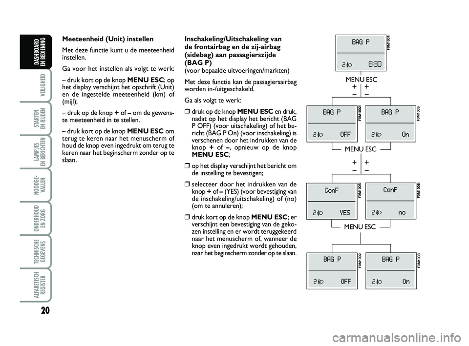 FIAT PUNTO 2021 Instructieboek (in Dutch) 20
VEILIGHEID
STARTEN
EN RIJDEN
LAMPJES
EN BERICHTEN
NOODGE - VALLEN
ONDERHOUD EN ZORG
TECHNISCHEGEGEVENS
ALFABETISCH REGISTER
DASHBOARD
EN BEDIENING
Inschakeling/Uitschakeling van
de frontairbag FIAT PUNTO 2021 Instructieboek (in Dutch) 20
VEILIGHEID
STARTEN
EN RIJDEN
LAMPJES
EN BERICHTEN
NOODGE - VALLEN
ONDERHOUD EN ZORG
TECHNISCHEGEGEVENS
ALFABETISCH REGISTER
DASHBOARD
EN BEDIENING
Inschakeling/Uitschakeling van
de frontairbag