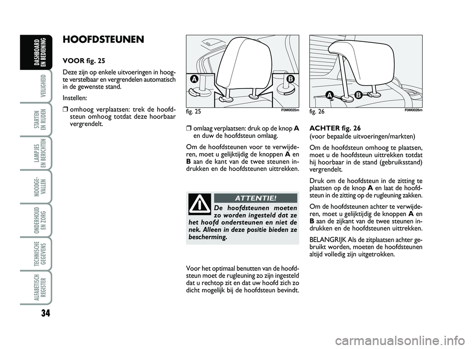 FIAT PUNTO 2015  Instructieboek (in Dutch) 34
VEILIGHEID
STARTEN 
EN RIJDEN
LAMPJES 
EN BERICHTEN
NOODGE - VALLEN
ONDERHOUD  EN ZORG
TECHNISCHEGEGEVENS
ALFABETISCH REGISTER
DASHBOARD 
EN BEDIENING
HOOFDSTEUNEN
VOOR fig. 25
Deze zijn op enkele 