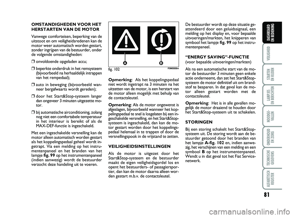 FIAT PUNTO 2015  Instructieboek (in Dutch) 81
VEILIGHEID
STARTEN 
EN RIJDEN
LAMPJES 
EN BERICHTEN
NOODGE - VALLEN
ONDERHOUD  EN ZORG
TECHNISCHEGEGEVENS
ALFABETISCH REGISTER
DASHBOARD 
EN BEDIENING
fig. 102F0M0508m
OMSTANDIGHEDEN VOOR HET
HERST