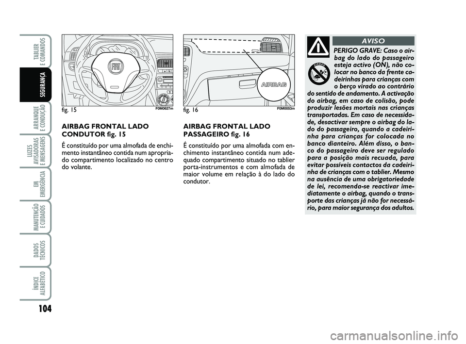 FIAT PUNTO 2011  Manual de Uso e Manutenção (in Portuguese) 104
ARRANQUE 
E CONDUÇÃO
LUZES
AVISADORAS 
E MENSAGENS
EM
EMERGÊNCIA
MANUTENÇÃO E CUIDADOS 
DADOS
TÉCNICOS
ÍNDICE
ALFABÉTICO
TABLIER 
E COMANDOS
SEGURANÇA
PERIGO GRAVE: Caso o air- bag do lad