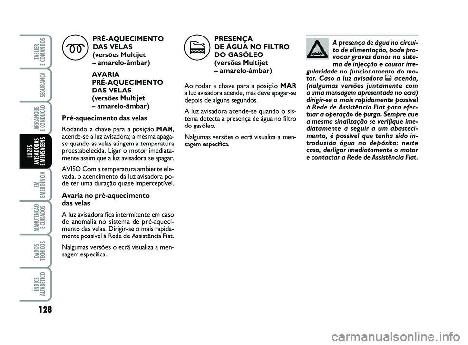 FIAT PUNTO 2011  Manual de Uso e Manutenção (in Portuguese) 128
SEGURANÇA
ARRANQUE 
E CONDUÇÃO
EM
EMERGÊNCIA
MANUTENÇÃO E CUIDADOS 
DADOS
TÉCNICOS
ÍNDICE
ALFABÉTICO
TABLIER 
E COMANDOS
LUZES
AVISADORAS 
E MENSAGENS
PRÉ-AQUECIMENTO
DAS VELAS 
(versõe