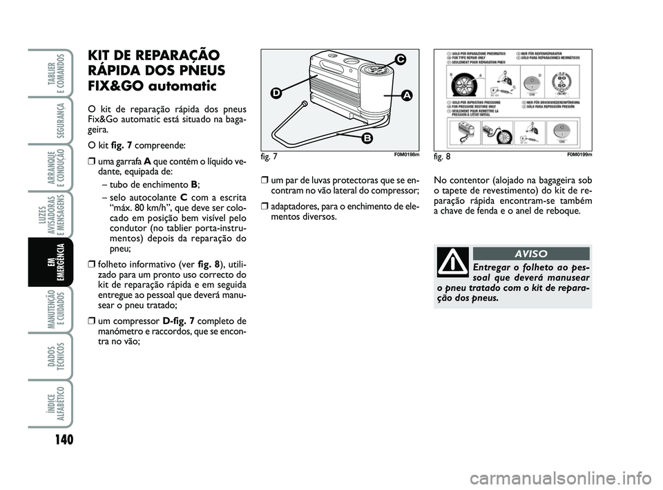 FIAT PUNTO 2011 Manual de Uso e Manutenção (in Portuguese) 140
SEGURANÇA
ARRANQUE
E CONDUÇÃO
LUZES
AVISADORAS
E MENSAGENS
MANUTENÇÃO E CUIDADOS
DADOS
TÉCNICOS
ÍNDICE
ALFABÉTICO
TABLIER
E COMANDOS
EM
EMERGÊNCIA
KIT DE REPARAÇÃO
RÁPIDA DOS PNEUS FIAT PUNTO 2011 Manual de Uso e Manutenção (in Portuguese) 140
SEGURANÇA
ARRANQUE
E CONDUÇÃO
LUZES
AVISADORAS
E MENSAGENS
MANUTENÇÃO E CUIDADOS
DADOS
TÉCNICOS
ÍNDICE
ALFABÉTICO
TABLIER
E COMANDOS
EM
EMERGÊNCIA
KIT DE REPARAÇÃO
RÁPIDA DOS PNEUS