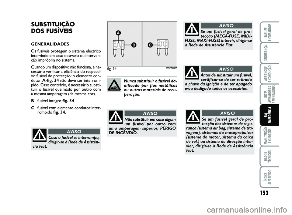 FIAT PUNTO 2011  Manual de Uso e Manutenção (in Portuguese) 153
SEGURANÇA
ARRANQUE 
E CONDUÇÃO
LUZES
AVISADORAS 
E MENSAGENS
MANUTENÇÃO  E CUIDADOS
DADOS
TÉCNICOS
ÍNDICE
ALFABÉTICO
TABLIER
E COMANDOS
EM
EMERGÊNCIA
SUBSTITUIÇÃO 
DOS FUSÍVEIS
GENERAL