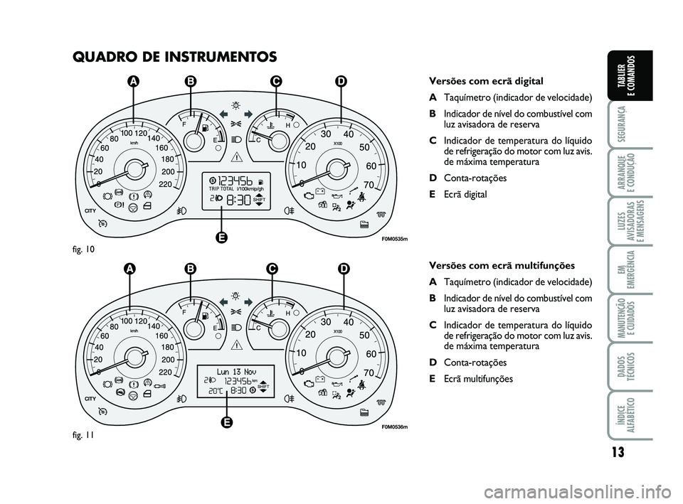 FIAT PUNTO 2011 Manual de Uso e Manutenção (in Portuguese) 13
SEGURANÇA
ARRANQUE
E CONDUÇÃO
LUZES
AVISADORAS
E MENSAGENS
EM
EMERGÊNCIA
MANUTENÇÃO E CUIDADOS
DADOS
TÉCNICOS
ÍNDICE
ALFABÉTICO
TABLIER
E COMANDOS
QUADRO DE INSTRUMENTOS
Versões com ec FIAT PUNTO 2011 Manual de Uso e Manutenção (in Portuguese) 13
SEGURANÇA
ARRANQUE
E CONDUÇÃO
LUZES
AVISADORAS
E MENSAGENS
EM
EMERGÊNCIA
MANUTENÇÃO E CUIDADOS
DADOS
TÉCNICOS
ÍNDICE
ALFABÉTICO
TABLIER
E COMANDOS
QUADRO DE INSTRUMENTOS
Versões com ec