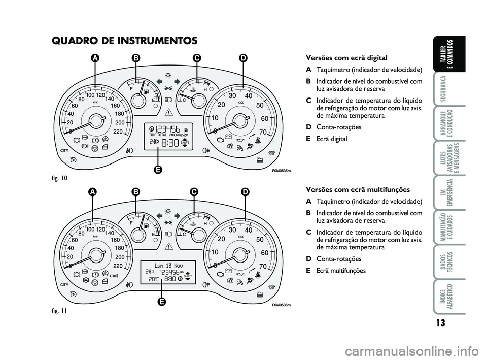 FIAT PUNTO 2011  Manual de Uso e Manutenção (in Portuguese) 13
SEGURANÇA
ARRANQUE 
E CONDUÇÃO
LUZES
AVISADORAS 
E MENSAGENS
EM
EMERGÊNCIA
MANUTENÇÃO  E CUIDADOS
DADOS
TÉCNICOS
ÍNDICE
ALFABÉTICO
TABLIER
E COMANDOS
QUADRO DE INSTRUMENTOS
Versões com ec