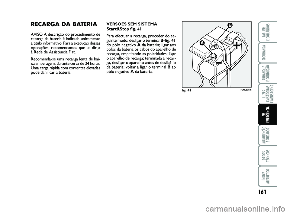 FIAT PUNTO 2011  Manual de Uso e Manutenção (in Portuguese) 161
SEGURANÇA
ARRANQUE 
E CONDUÇÃO
LUZES
AVISADORAS 
E MENSAGENS
MANUTENÇÃO  E CUIDADOS
DADOS
TÉCNICOS
ÍNDICE
ALFABÉTICO
TABLIER
E COMANDOS
EM
EMERGÊNCIA
RECARGA DA BATERIA
AVISO A descriçã