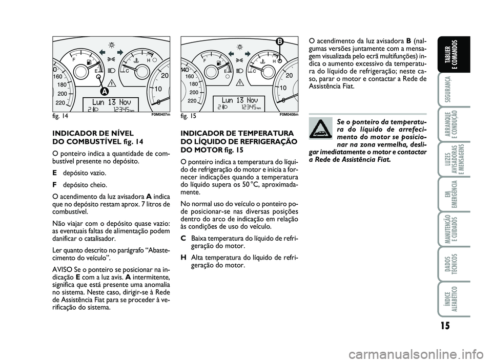 FIAT PUNTO 2011  Manual de Uso e Manutenção (in Portuguese) 15
SEGURANÇA
ARRANQUE 
E CONDUÇÃO
LUZES
AVISADORAS 
E MENSAGENS
EM
EMERGÊNCIA
MANUTENÇÃO  E CUIDADOS
DADOS
TÉCNICOS
ÍNDICE
ALFABÉTICO
TABLIER
E COMANDOS
INDICADOR DE NÍVEL 
DO COMBUSTÍVEL f