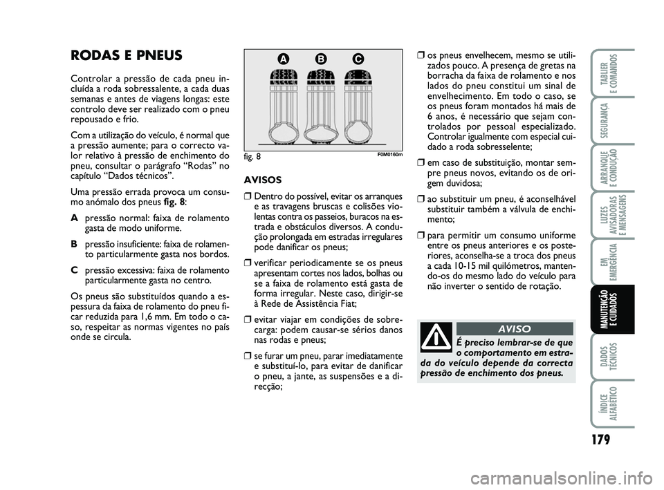 FIAT PUNTO 2011  Manual de Uso e Manutenção (in Portuguese) 179
SEGURANÇA
ARRANQUE 
E CONDUÇÃO
LUZES
AVISADORAS 
E MENSAGENS
EM
EMERGÊNCIA
DADOS
TÉCNICOS
ÍNDICE
ALFABÉTICO
TABLIER
E COMANDOS
MANUTENÇÃO  E CUIDADOS
RODAS E PNEUS
Controlar a pressão de