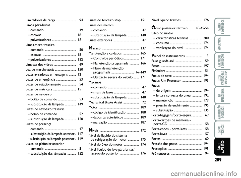 FIAT PUNTO 2011  Manual de Uso e Manutenção (in Portuguese) 209
SEGURANÇA
ARRANQUE 
E CONDUÇÃO
LUZES
AVISADORAS 
E MENSAGENS
EM
EMERGÊNCIA
MANUTENÇÃO  E CUIDADOS
DADOS
TÉCNICOS
TABLIER
E COMANDOS
ÍNDICE
ALFABÉTICO
Luzes do terceiro  stop .............