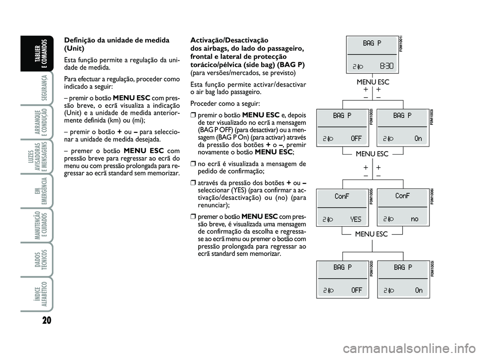 FIAT PUNTO 2012 Manual de Uso e Manutenção (in Portuguese) 20
SEGURANÇA
ARRANQUE
E CONDUÇÃO
LUZES
AVISADORAS
E MENSAGENS
EM
EMERGÊNCIA
MANUTENÇÃO E CUIDADOS
DADOS
TÉCNICOS
ÍNDICE
ALFABÉTICO
TABLIER
E COMANDOS
Activação/Desactivação
dos airba FIAT PUNTO 2012 Manual de Uso e Manutenção (in Portuguese) 20
SEGURANÇA
ARRANQUE
E CONDUÇÃO
LUZES
AVISADORAS
E MENSAGENS
EM
EMERGÊNCIA
MANUTENÇÃO E CUIDADOS
DADOS
TÉCNICOS
ÍNDICE
ALFABÉTICO
TABLIER
E COMANDOS
Activação/Desactivação
dos airba