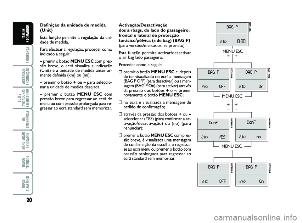 FIAT PUNTO 2011  Manual de Uso e Manutenção (in Portuguese) 20
SEGURANÇA
ARRANQUE 
E CONDUÇÃO
LUZES
AVISADORAS 
E MENSAGENS
EM
EMERGÊNCIA
MANUTENÇÃO E CUIDADOS 
DADOS
TÉCNICOS
ÍNDICE
ALFABÉTICO
TABLIER 
E COMANDOS
Activação/Desactivação 
dos airba