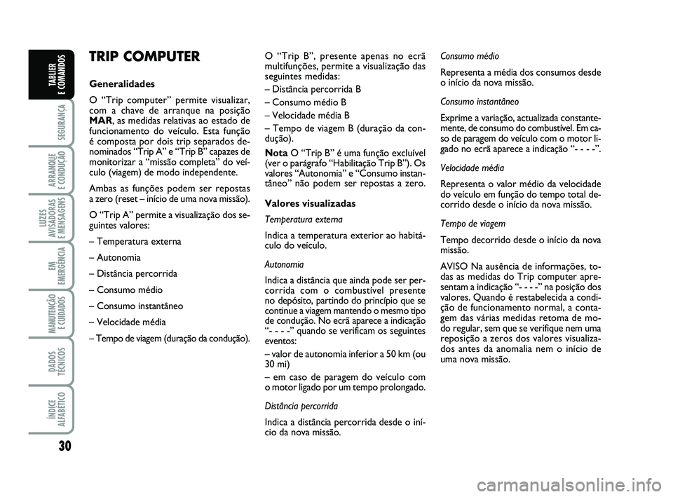 FIAT PUNTO 2011  Manual de Uso e Manutenção (in Portuguese) 30
SEGURANÇA
ARRANQUE 
E CONDUÇÃO
LUZES
AVISADORAS 
E MENSAGENS
EM
EMERGÊNCIA
MANUTENÇÃO E CUIDADOS 
DADOS
TÉCNICOS
ÍNDICE
ALFABÉTICO
TABLIER 
E COMANDOS
TRIP COMPUTER
Generalidades
O “Trip