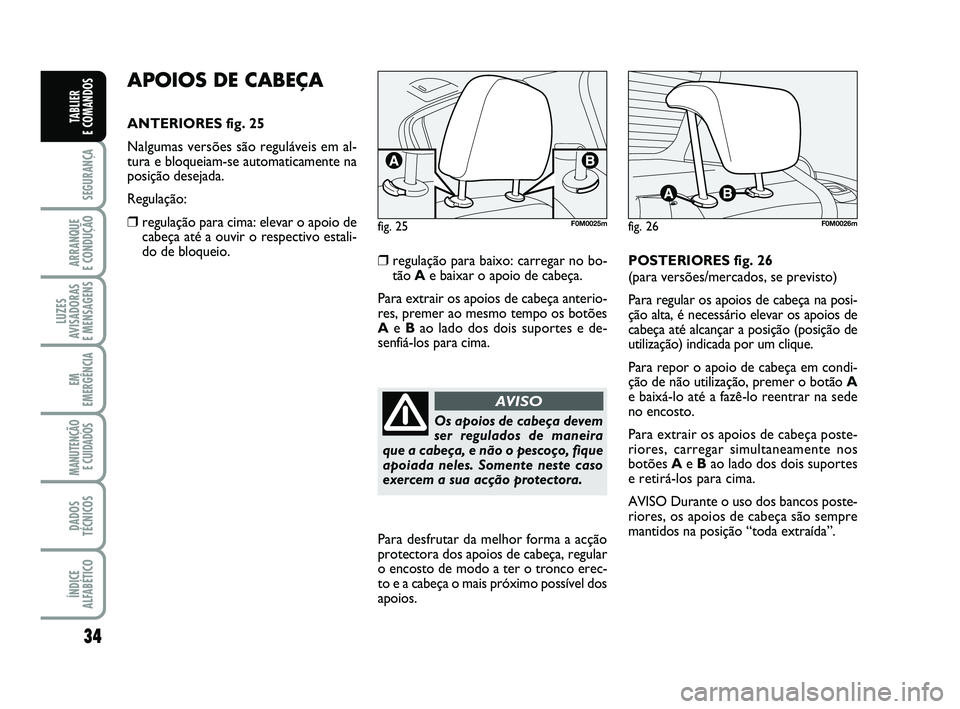 FIAT PUNTO 2011  Manual de Uso e Manutenção (in Portuguese) 34
SEGURANÇA
ARRANQUE 
E CONDUÇÃO
LUZES
AVISADORAS 
E MENSAGENS
EM
EMERGÊNCIA
MANUTENÇÃO E CUIDADOS 
DADOS
TÉCNICOS
ÍNDICE
ALFABÉTICO
TABLIER 
E COMANDOS
APOIOS DE CABEÇA
ANTERIORES fig. 25
