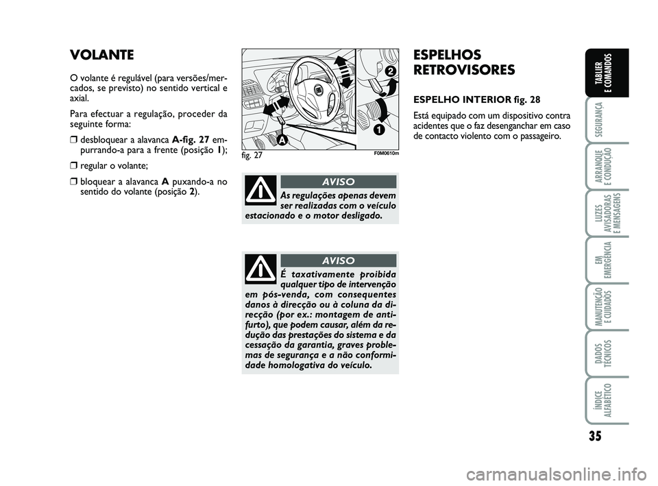 FIAT PUNTO 2011  Manual de Uso e Manutenção (in Portuguese) 35
SEGURANÇA
ARRANQUE 
E CONDUÇÃO
LUZES
AVISADORAS 
E MENSAGENS
EM
EMERGÊNCIA
MANUTENÇÃO  E CUIDADOS
DADOS
TÉCNICOS
ÍNDICE
ALFABÉTICO
TABLIER
E COMANDOS
ESPELHOS
RETROVISORES
ESPELHO INTERIOR