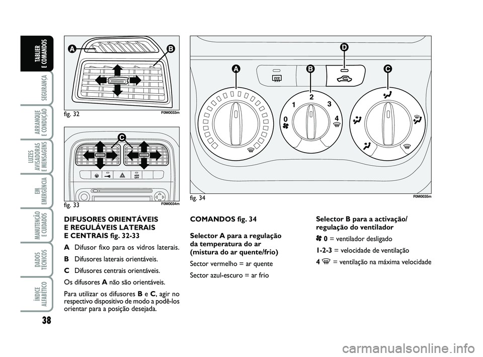 FIAT PUNTO 2012 Manual de Uso e Manutenção (in Portuguese) 38
SEGURANÇA
ARRANQUE
E CONDUÇÃO
LUZES
AVISADORAS
E MENSAGENS
EM
EMERGÊNCIA
MANUTENÇÃO E CUIDADOS
DADOS
TÉCNICOS
ÍNDICE
ALFABÉTICO
TABLIER
E COMANDOS
COMANDOS fig. 34
Selector A para a re FIAT PUNTO 2012 Manual de Uso e Manutenção (in Portuguese) 38
SEGURANÇA
ARRANQUE
E CONDUÇÃO
LUZES
AVISADORAS
E MENSAGENS
EM
EMERGÊNCIA
MANUTENÇÃO E CUIDADOS
DADOS
TÉCNICOS
ÍNDICE
ALFABÉTICO
TABLIER
E COMANDOS
COMANDOS fig. 34
Selector A para a re