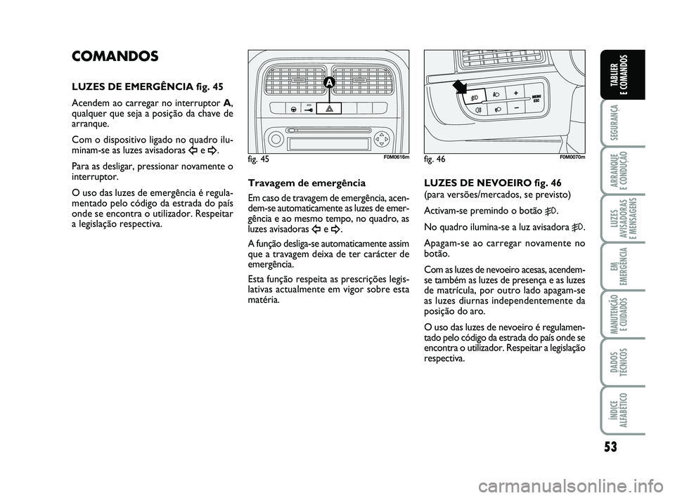FIAT PUNTO 2011  Manual de Uso e Manutenção (in Portuguese) 53
SEGURANÇA
ARRANQUE 
E CONDUÇÃO
LUZES
AVISADORAS 
E MENSAGENS
EM
EMERGÊNCIA
MANUTENÇÃO  E CUIDADOS
DADOS
TÉCNICOS
ÍNDICE
ALFABÉTICO
TABLIER
E COMANDOS
COMANDOS
LUZES DE EMERGÊNCIA fig. 45
